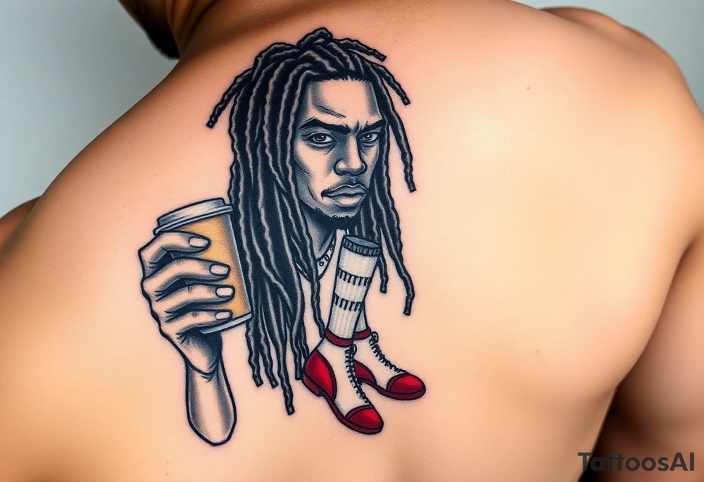 Black character with dread locs holding a coffee in one hand with socks and Jordan’s on tattoo idea