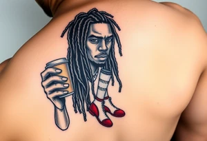 Black character with dread locs holding a coffee in one hand with socks and Jordan’s on tattoo idea