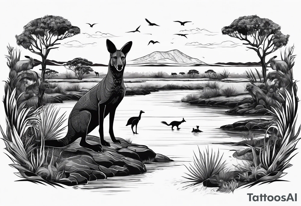 Outback with Uluṟu, a kangaroo, a dingo and an emu. Land meeting ocean with a platypus and a crocodile tattoo idea