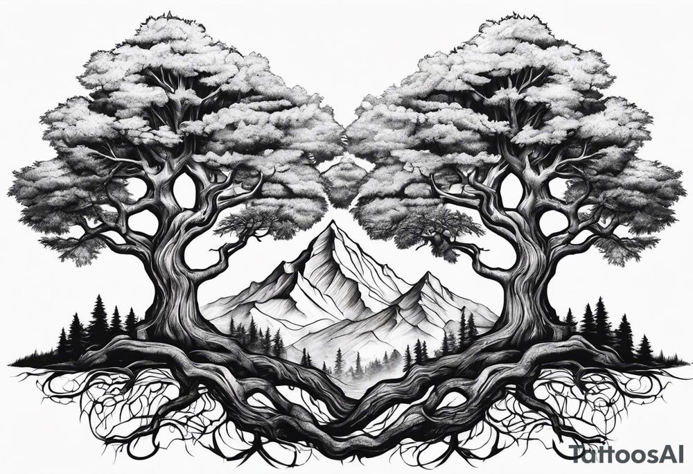Three mountains three trees with roots tattoo idea