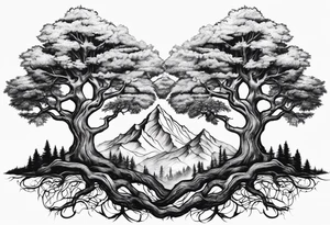 Three mountains three trees with roots tattoo idea