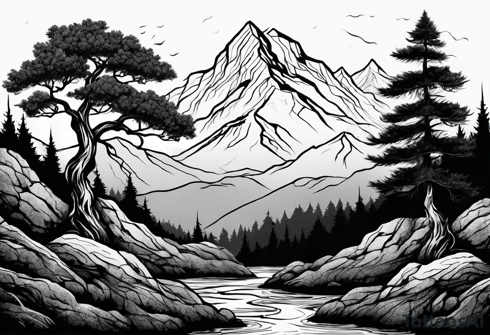 Three mountains three trees with roots tattoo idea