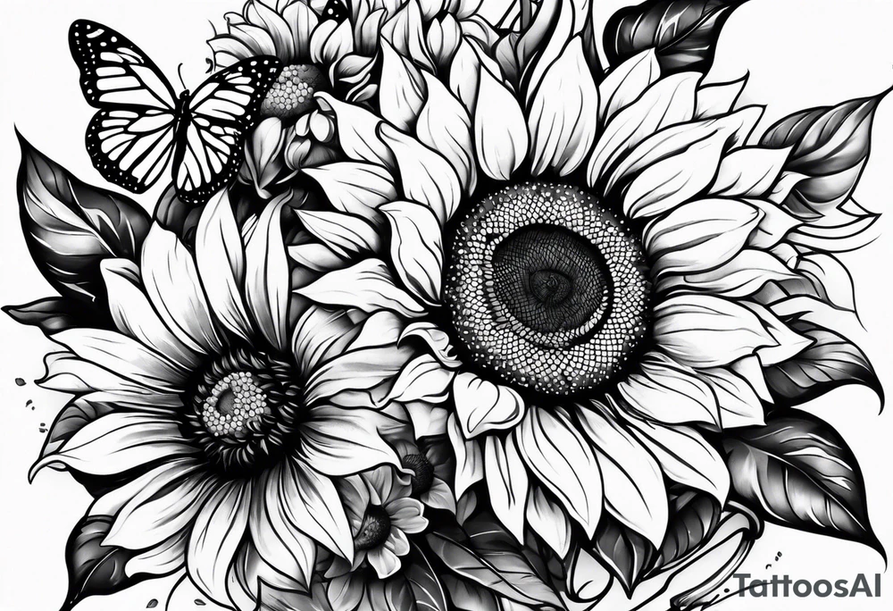 Half sleeve with sunflowers and butterflies tattoo idea