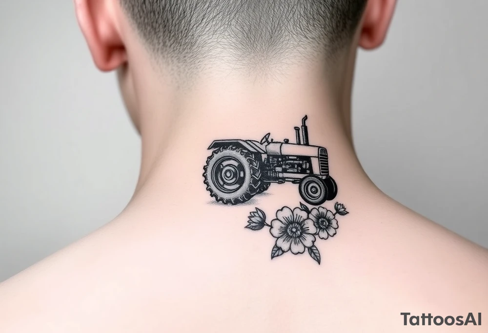 Dainty behind the ear tractor tattoo surrounded with flowers about the size of a quarter tattoo idea