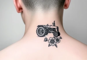 Dainty behind the ear tractor tattoo surrounded with flowers about the size of a quarter tattoo idea