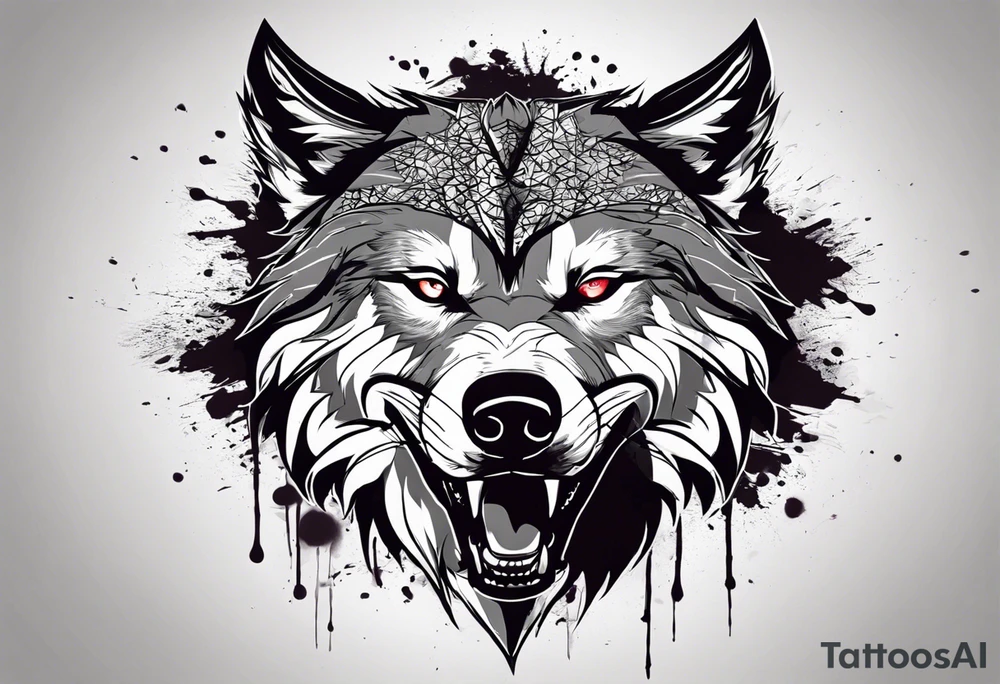 Create aggressive WOLF, with some blood coming out of his mouth and saliva. BLOOD IN THE BACKGROUND. Make it a drawing and use the image of reference. I am going to add. I want HIM TO BE ANGRY WITH RED EYES use VICIOUS WOLF THATS ANGRY tattoo idea