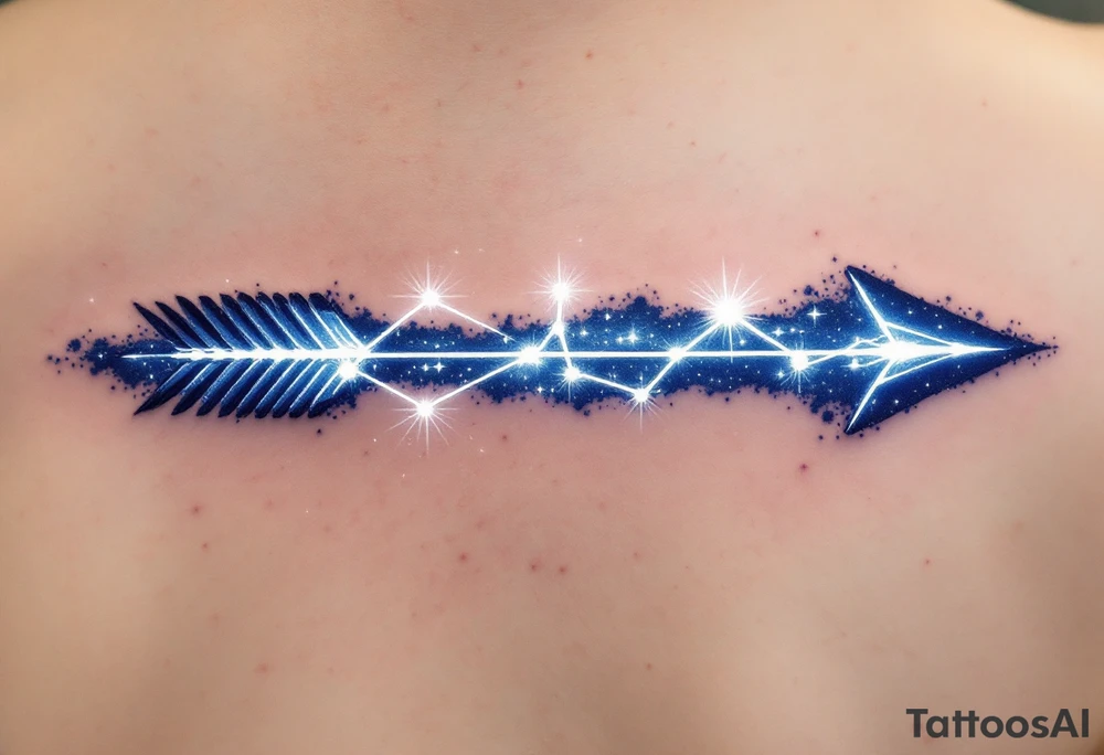 A Sagittarius bow and arrow with the constellation embedded in glowing white ink across the shaft, surrounded by midnight blue. tattoo idea