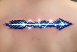A Sagittarius bow and arrow with the constellation embedded in glowing white ink across the shaft, surrounded by midnight blue. tattoo idea