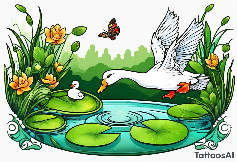A white Duck a green toad and a moth playing together in a pond tattoo idea