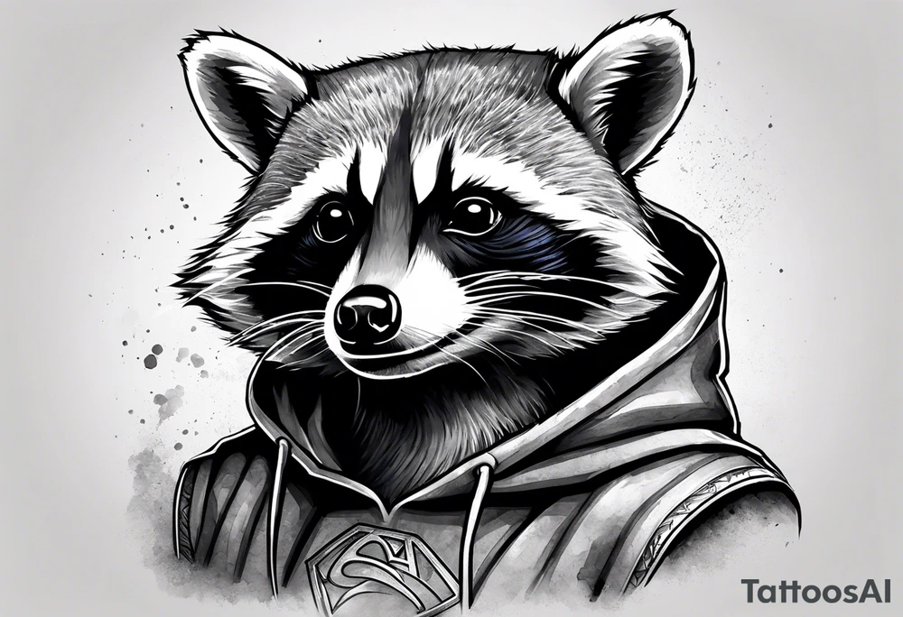 raccoon wearing a Superman hoodie tattoo idea