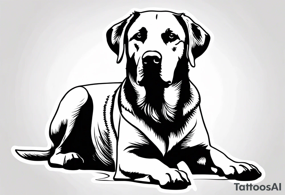 Generate a simple tattoo of a sitting Labrador Retriever, focusing on its friendly face and expressive eyes in a minimalist style tattoo idea