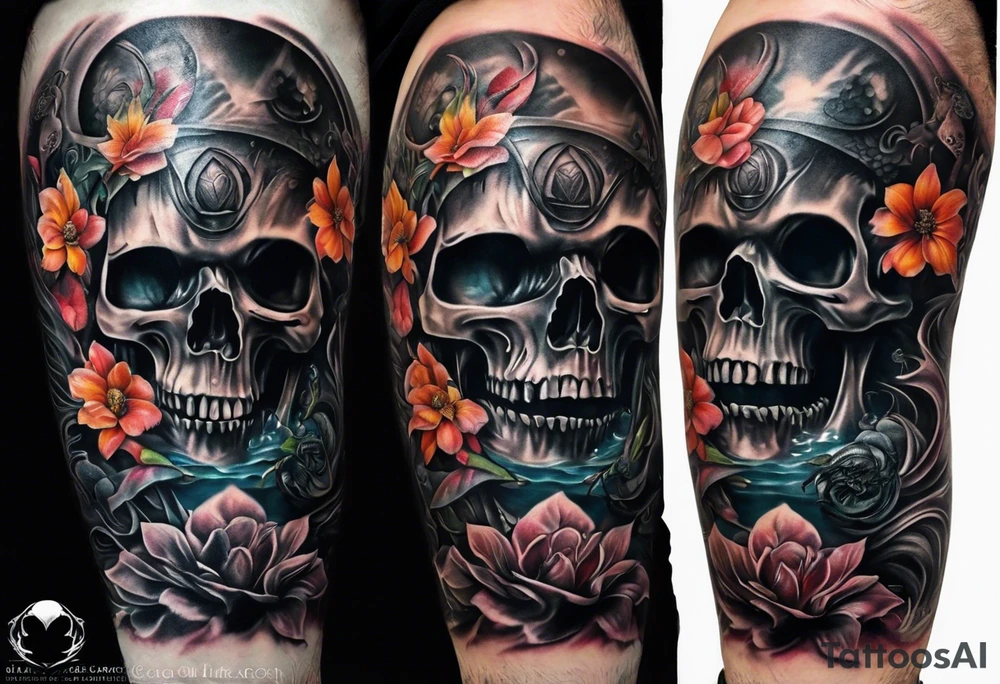 H.R. Giger Knee tattoo with realistic evil skull, various flowers, water and fall colors tattoo idea