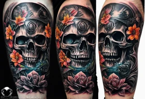 H.R. Giger Knee tattoo with realistic evil skull, various flowers, water and fall colors tattoo idea