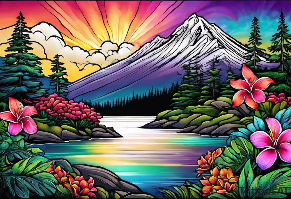 Mountain scene with rainbow sky backdrop. Must include evergreen trees, plumeria flower, Hawaiian sea turtle, and something to represent my Finnish roots tattoo idea