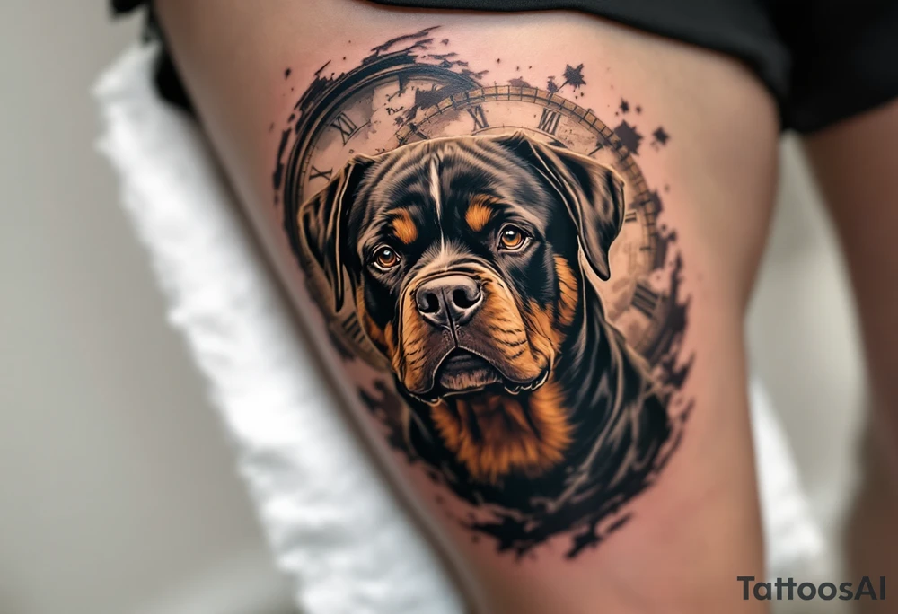 Rottweiler and Clock Tattoo – A wise-looking Rottweiler with a broken Roman numeral clock behind it. Muted browns, gold, and grayscale to create a timeless vibe. tattoo idea