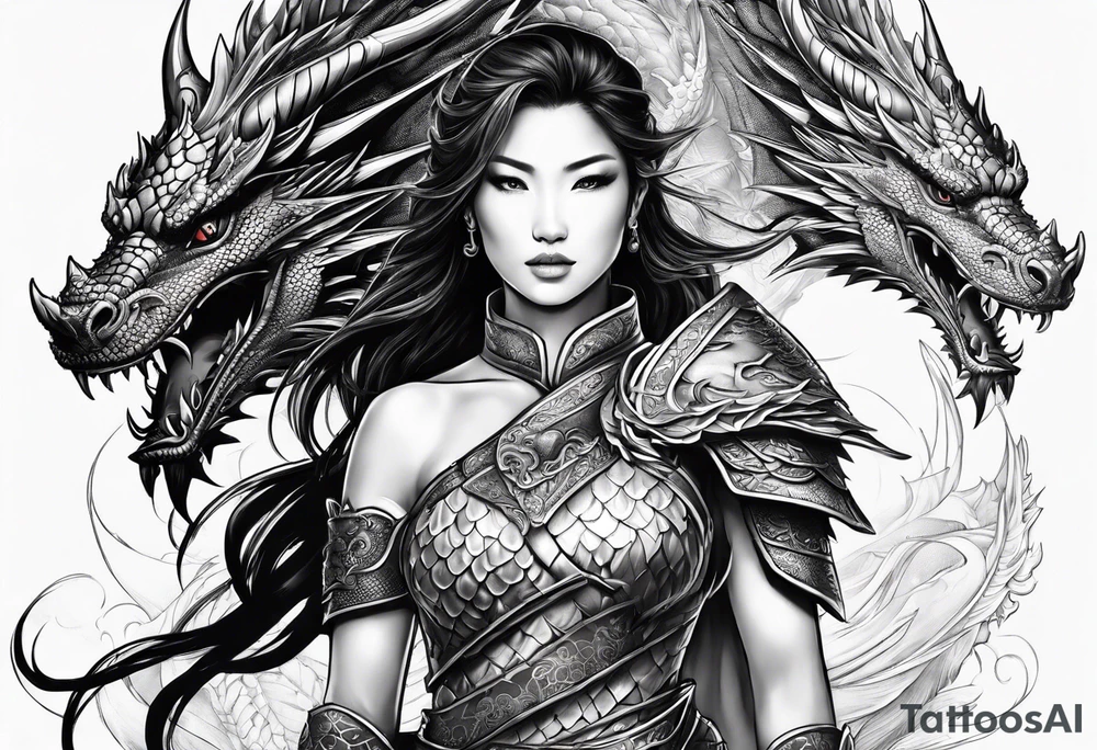 beautiful warrior woman wearing dragon armor and a dragon flying tattoo idea
