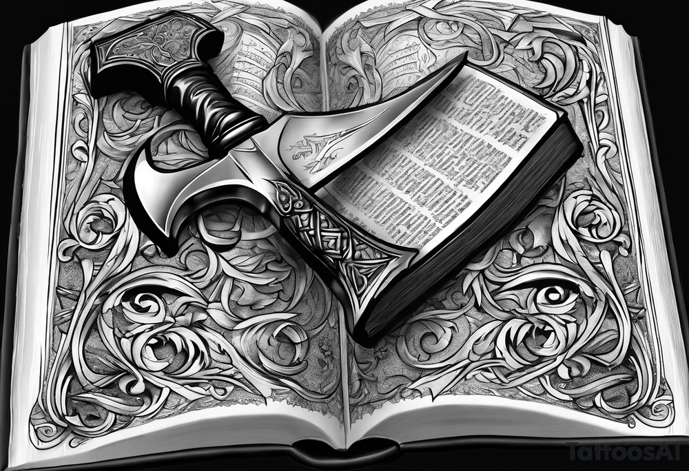 An opened bible with a battle Axe tattoo idea