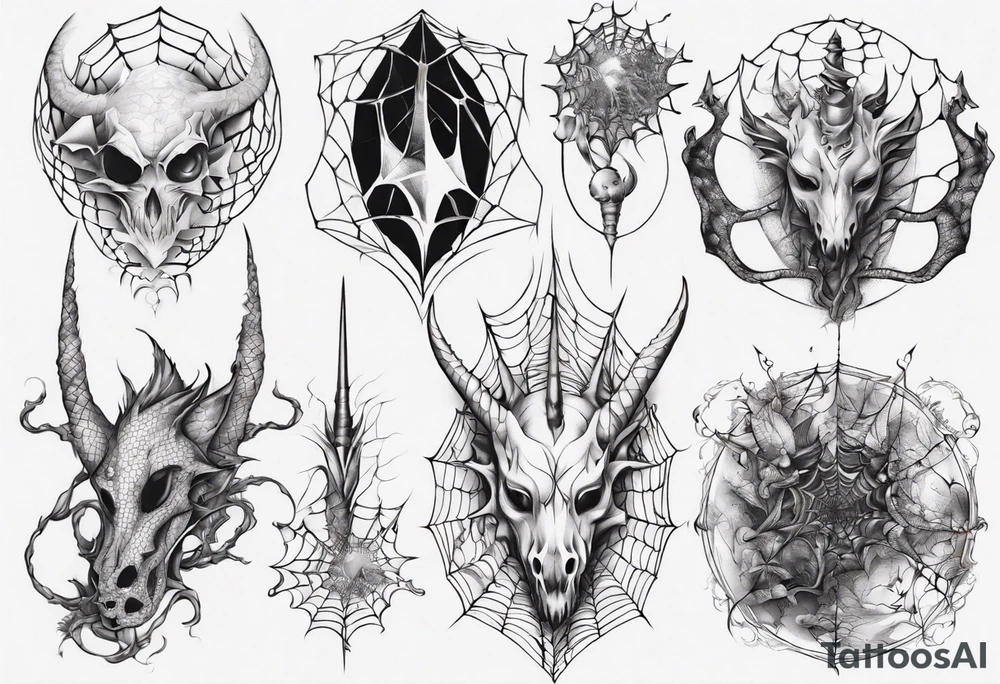 Dragon scales tangled spiderweb unicorn horn shattered chalices spider tattoo idea