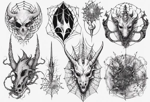 Dragon scales tangled spiderweb unicorn horn shattered chalices spider tattoo idea