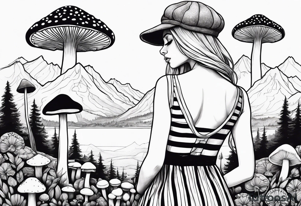 Straight blonde hair girl holding mushrooms in hand facing away toward mountains surrounded by mushrooms circular design black and white striped dress tattoo idea