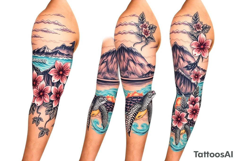 half sleeve, hawaiian theme, with water, mountains, tropical flowers, turtles. and disneys moana  characters tattoo idea