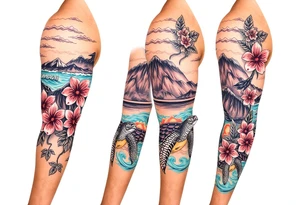 half sleeve, hawaiian theme, with water, mountains, tropical flowers, turtles. and disneys moana  characters tattoo idea