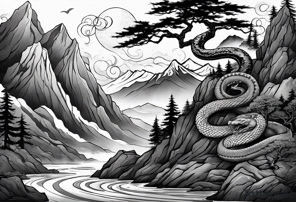 Full arm sleeve, tree going up to shoulder dead tree going down to wrist, wrapped in a serpent moving down with mountain, water, and demon tattoo idea