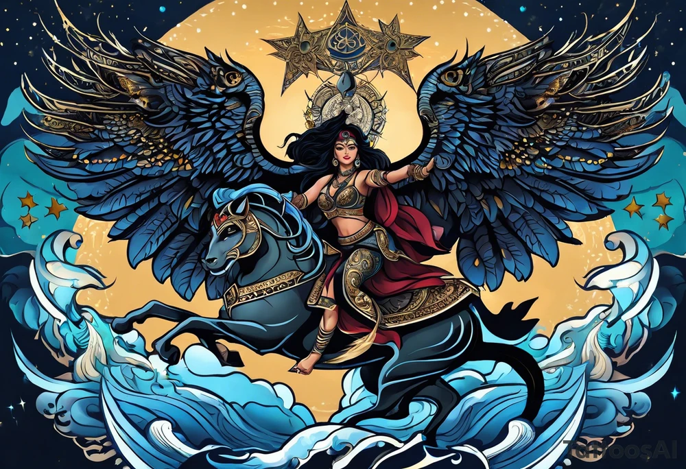 black kali, goddess pirate, alien, angel, pachamama, valkrye, warrior, flying, skull, lotus azul, wing, eagle, zenza resonance, stars, 5D, anahata chakra, death, durga, riding on a tiger, flying lady tattoo idea