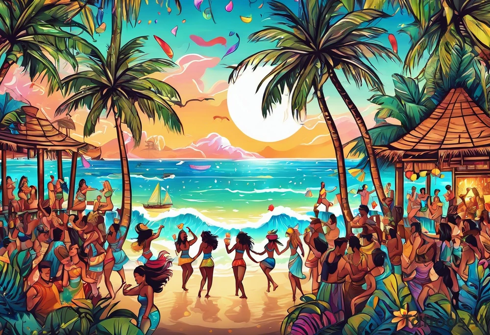 TIKI beach  dance party scene with tropical drinks, sexy girls dancing, music notes, confetti tattoo idea