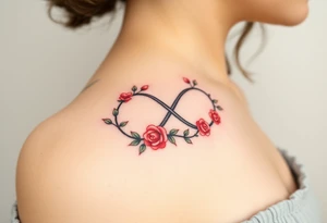 Full infinity symbol made out of vine banches with delicate roses and hearts, in soft red and green hues tattoo idea
