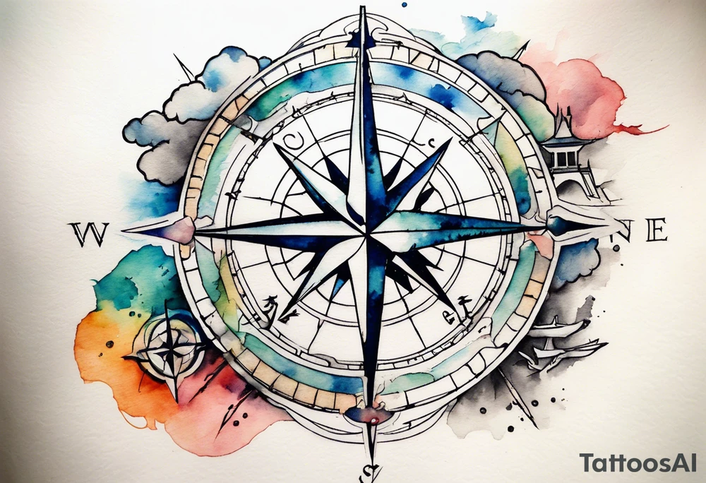 Travel themed for thigh, compass rose overlaid with a map spilled watercolor and tiny C130 tattoo idea