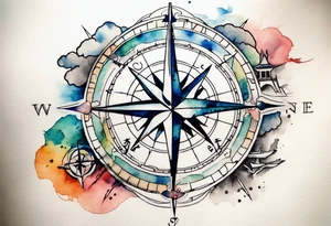 Travel themed for thigh, compass rose overlaid with a map spilled watercolor and tiny C130 tattoo idea