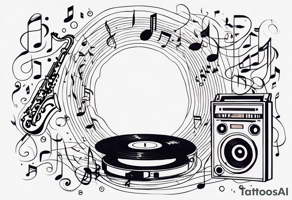 music notes surrounded by a record, a cassette tape, and saxophone parts tattoo idea