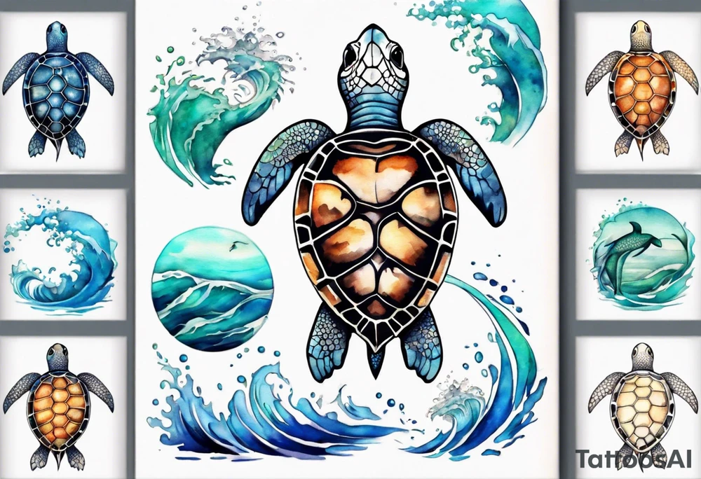 Sea turtle surrounded by waves tattoo idea