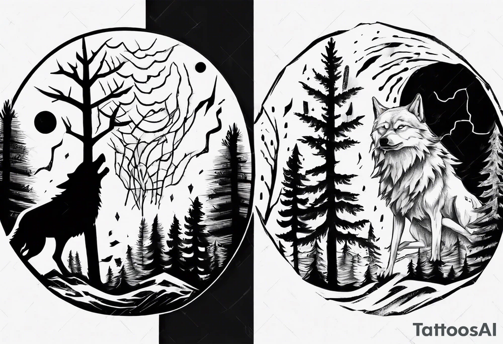 thunderstorm over a forest with a wolf howling on drums tattoo idea thunderstorm over a forest with a wolf howling on drums tattoo idea