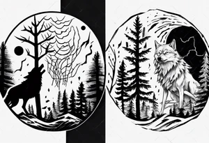 thunderstorm over a forest with a wolf howling on drums tattoo idea