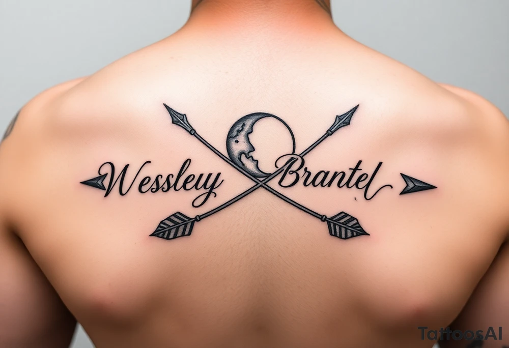 Name tattoo with Wesley Brantley Logan with entwined arrows and moons and stars tattoo idea