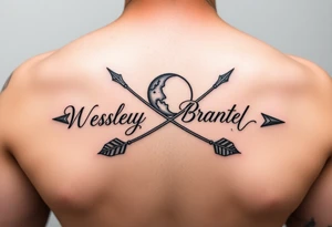 Name tattoo with Wesley Brantley Logan with entwined arrows and moons and stars tattoo idea