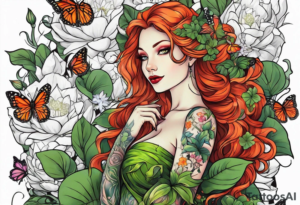 poison ivy wrapped around a hand holding water lilies surrounded with butterflies around with “Zane”, “Nate”, “Jaiden” tattoo idea
