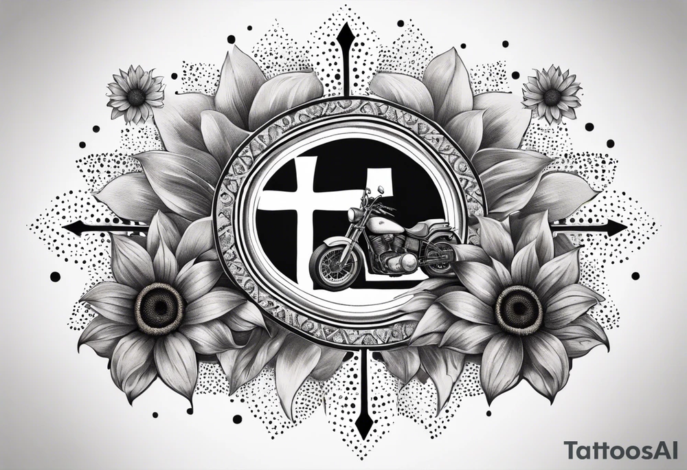 A central cross with the names Kyle Peter Lori on it with lighting a motorcycle and a sunflower around it tattoo idea