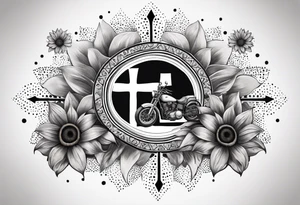 A central cross with the names Kyle Peter Lori on it with lighting a motorcycle and a sunflower around it tattoo idea