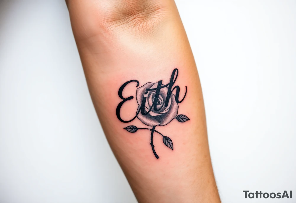 Edith tattoo with a cursive e with a rose half-sleeve tattoo idea