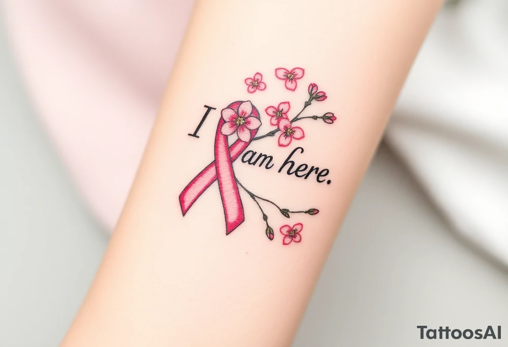 I am here pink ribbon cherry blossom tattoo idea