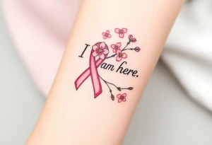 I am here pink ribbon cherry blossom tattoo idea