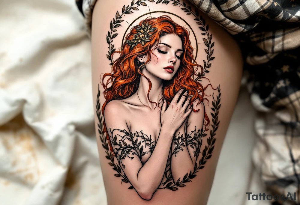 Alfons Mucha’s dreamy maiden with cascading red hair, embraced by copper-toned halos and intricate olive branches. tattoo idea