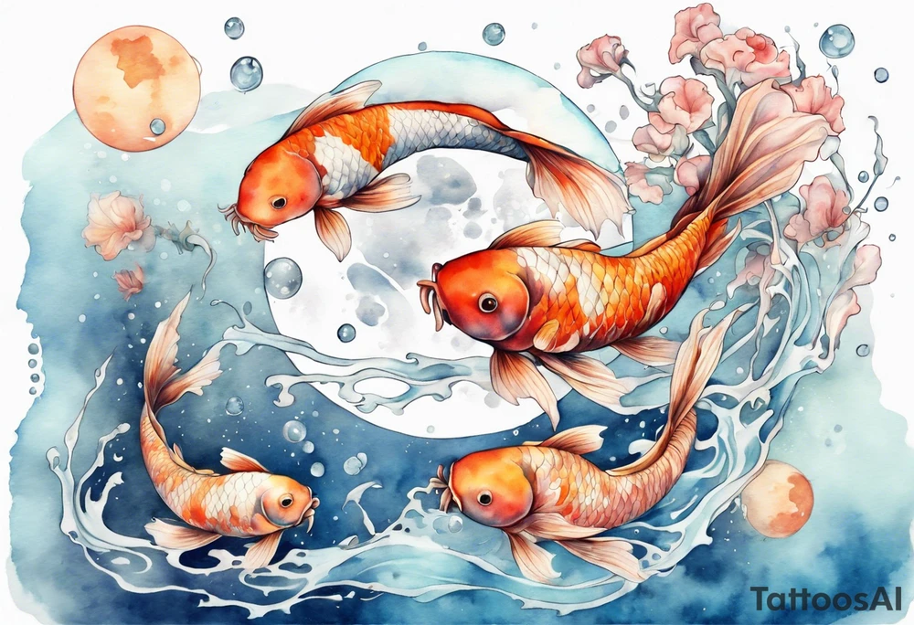 Water scene, featuring koi karp, jellyfish, the moon. With nods to Pisces. tattoo idea