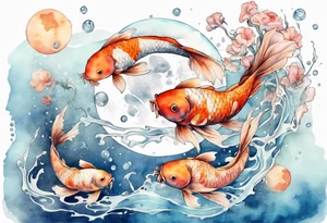 Water scene, featuring koi karp, jellyfish, the moon. With nods to Pisces. tattoo idea