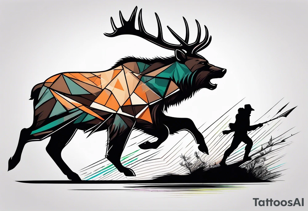 Hunter hunting deer being chased by a bear tattoo idea