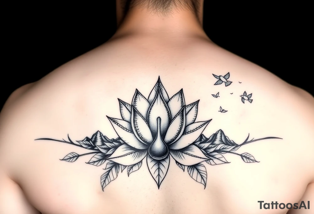 Lotus flower with hour glass and mountains and birds tattoo idea