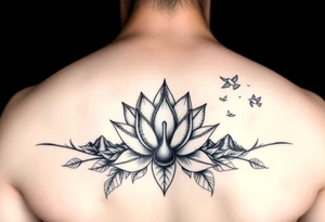 Lotus flower with hour glass and mountains and birds tattoo idea